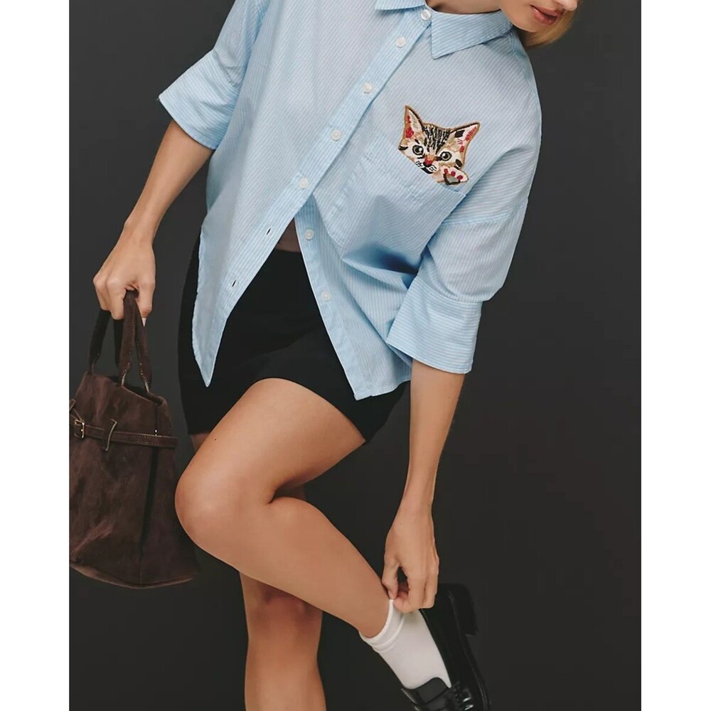 Maeve Anthropologie Buttondown Shirt Top Cat Embroidered Striped Blue XS 287043 - Picture 3 of 8